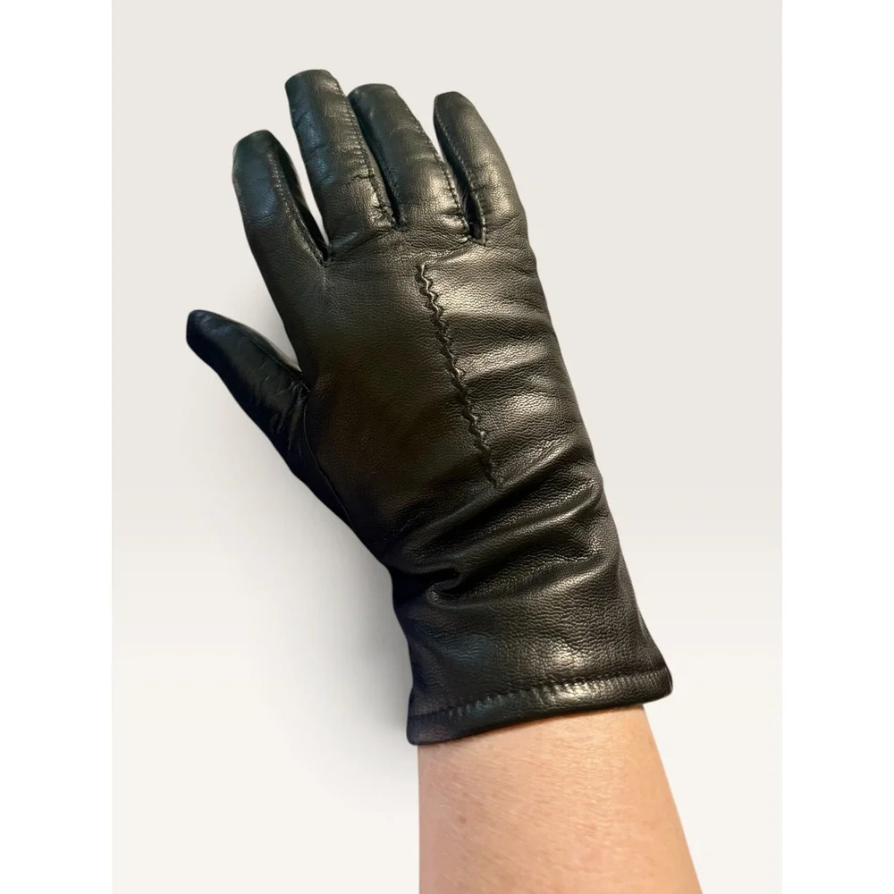 Fownes Black Genuine Leather Lined Gloves Women 7.5 Zigzag Stitch Detail